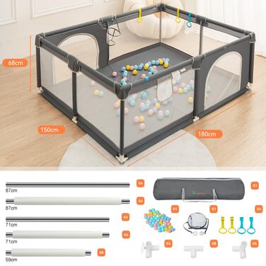 COMOMY Playpen Baby, 150x180x66cm Play Yard Baby Large XXL Safety Play Area Protective Fence for Children with Soft Mesh, Non-Slip Oxford Bottom, Balls, Mini-Baskets, and 4 Pull Rings 150x180x66cm Dark Gray