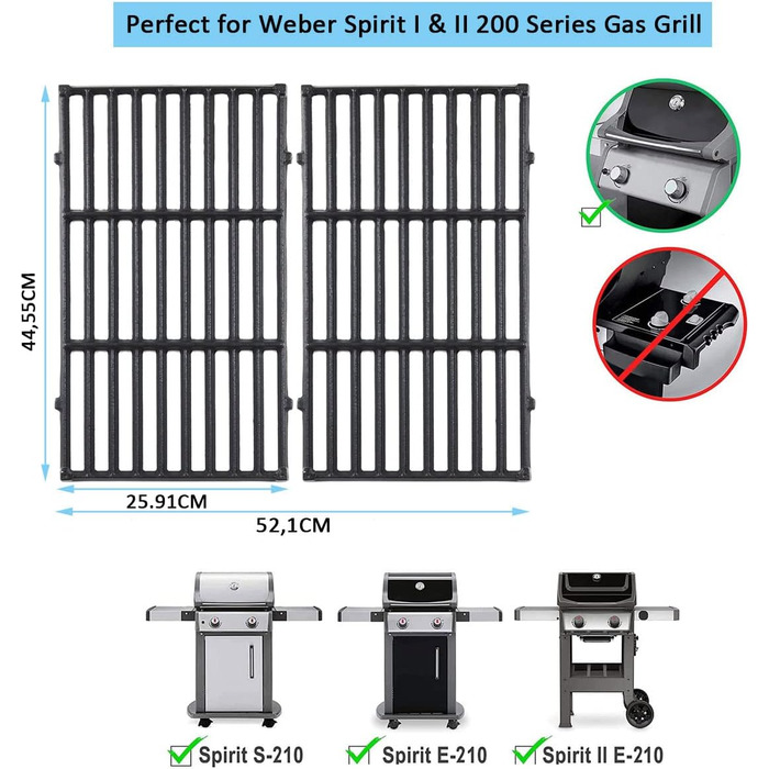 Решітка-гриль чавунна для газових грилів Weber Spirit I & II 200, Spirit E-210, E-220, S-210, S-220 (замінна, сумісна з 7637)