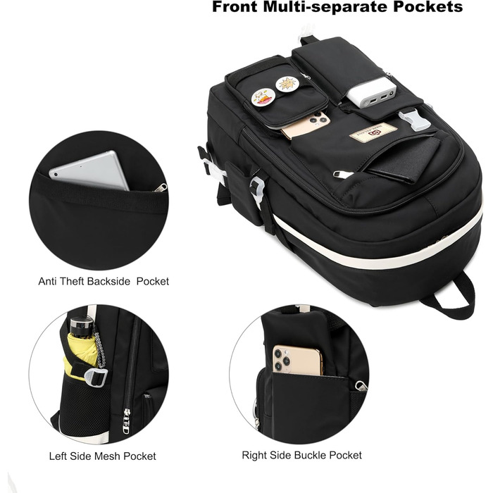 Чорний рюкзак для ноутбука 15.6 дюймів: шкільний, для подорожей, з захистом від крадіжок, великі кишені для книг