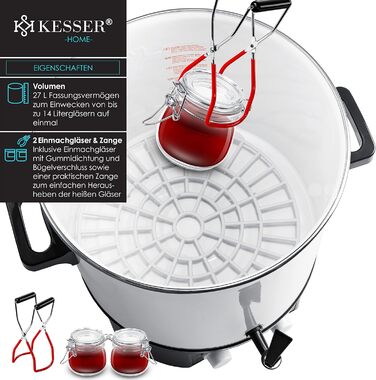 KESSER Canning Machine 27 Liter, Stainless Steel | 1800 Watt | Temperature range 30-100°C | Continuous operation | Automatic shut-off Canning machine, hot beverage machine, mulled wine pot with tongs & 2 glasses