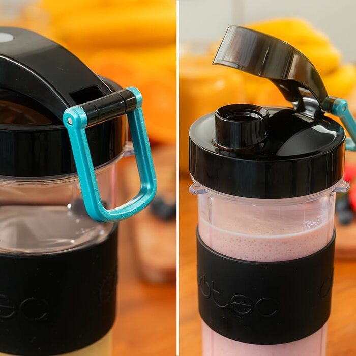 Cecotec Portable Single Blender Power Titanium 300 EasyGo - 350W Ice Crusher with Titanium-Coated Blades, 2 Cooling Tubes, 2 Travel Cups & Lids