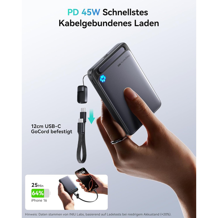 Power Bank MagSafe 45W з підтримкою Qi2, 10000mAh, з кабелем USB-C та підставкою, сумісний з iPhone 17/16/15/14/13