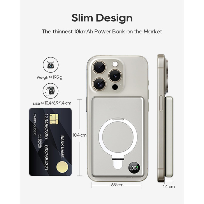 Powerbank MagSafe 10000mAh з PD 20W, бездротова зарядка, USB-C, LED-дисплей, для iPhone 17/16/15/14/13/12, серія Pro/Pro Max, Titanium Grey