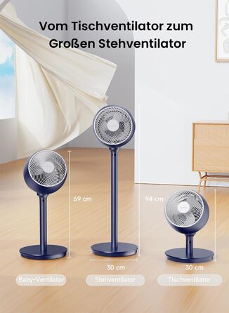 Вентилятор AIRMATE 25dB з підставкою, тихий, висока потужність 26 м, 1600 м³/год, регульована висота, з пультом керування, 3 режими/12 швидкостей/12 таймер