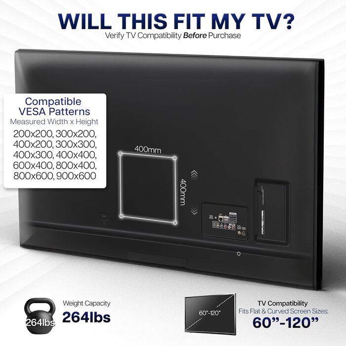 Настінне кріплення для телевізора VIVO Robuste поворотне, 60-120 дюймів, LCD/LED/плаский/вигнутий, VESA 900x600, чорний