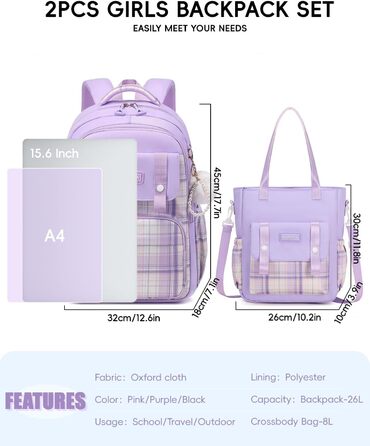 Рюкзак Tanou для дівчаток, підлітків: великий шкільний набір з сумкою через плече, в клітинку, 26L, фіолетовий