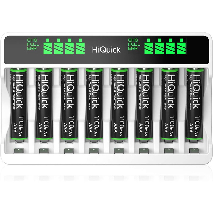 Зарядний пристрій HiQuick для акумуляторів AA та AAA (8 місць) з LCD-дисплеєм + 4 x AA + 4 x AAA, NI-MH/NI-CD, перезаряджувані батарейки