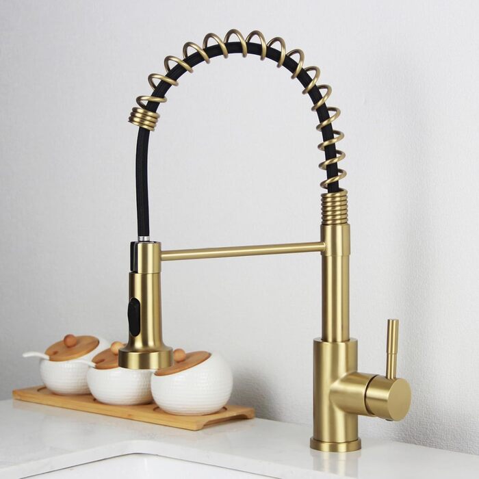 Чорний кухонний змішувач з висувною лійкою, високий поворотний вилив, 2 режими розпилення, шланговий, нержавіюча сталь, матове золото