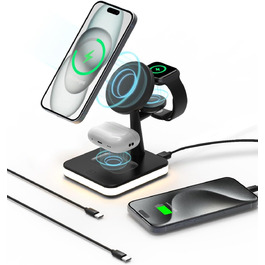 Бездротовий зарядний пристрій 4-в-1 з підсвічуванням та USB-портом для Apple iPhone, iWatch, AirPods (Чорний)
