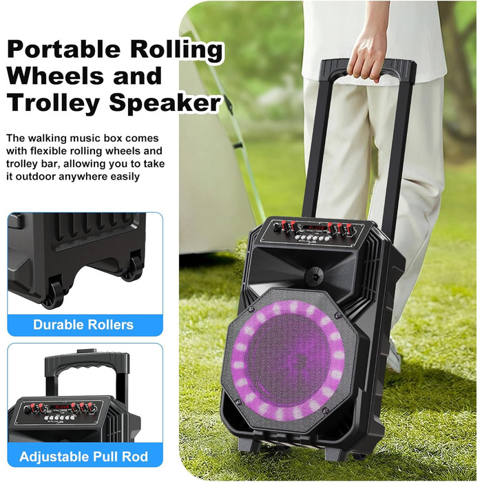 Караоке-машина з 2 бездротовими мікрофонами, коліщатками та ручкою-телескопом - портативна Bluetooth-система з акумулятором 8800mAh, PA-система з підсвічуванням, регулюванням басів/високих частот/ефектом ехо для вечірок, для дому A5