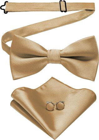 Метелик чоловічий JEMYGINS регульований шовковий, з манжетними запонками та нагрудною хусткою в подарунковій коробці, золотий колір