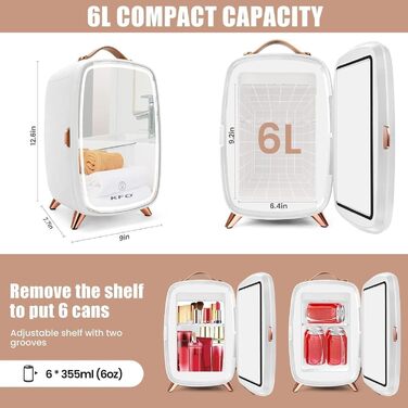 Міні-холодильник KFO Ultra-тихий (20 дБ) з LED-дзеркалом для косметики та напоїв, 220V AC/ 12V DC, термоелектричне охолодження та нагрівання, білий (6 л)