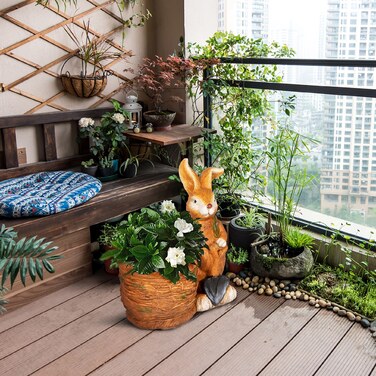 Outsunny Flower Pot Bunny with Willow Basket Design Herb Pot with Drainage Hole for Garden and Living Room MgO