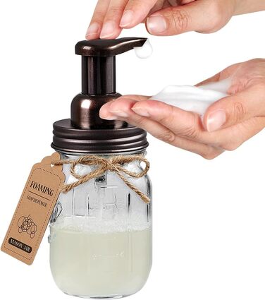 Mason Jar Bathroom Accessory Set, 4 Piece, Foaming Soap Dispenser & 2 Qtip Holders & Toothbrush Holder, Rustic Farmhouse Decor, Apothecary Glass, Countryside Countertop (Black) (Farmhouse, Bronze)