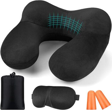 Подушка для шиї BBjinronjy надувна, з навушниками, м'який велюр, ергономічна, для подорожей, авто, офісу, кемпінгу, сну (чорна)