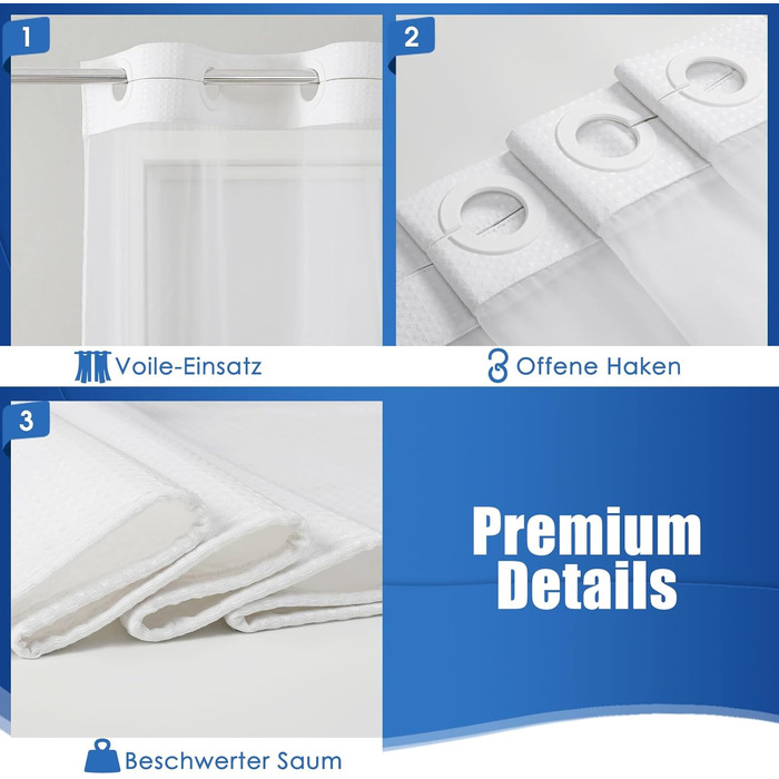 Водонепроникна штора для душу з вафельної тканини 180x190 см, 260 GSM, сіра. Преміум якість, антигрибкова, з 10 кільцями, готельний стиль, машинне прання