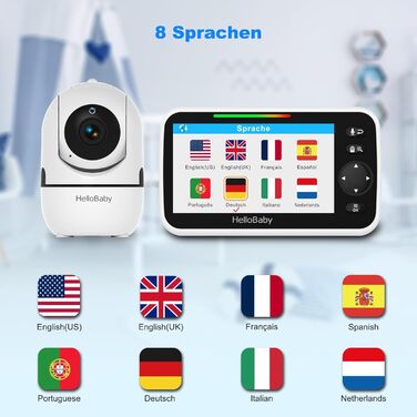 Дитячий відеоняня HelloBaby HB6550 з камерою, акумулятор 3500 mAh, 5-дюймовий екран, поворот 355°/нахил 120°, 2-сторонній аудіо, датчик температури, 8 колискових, нічне бачення