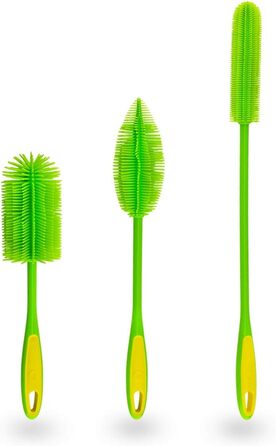Kochblume Silicone Brush Set of 3 with Interchangeable Heads | Bottle Brush, Dish Brush, Antibacterial, Hygienic (Lime)
