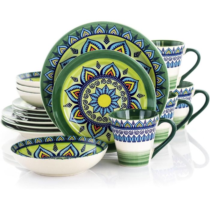 Сервіз Elama Tafelservice з кераміки, керамічний, з малюнком Мандала, багатокольоровий, круглий, 16-ти частинний, зелений