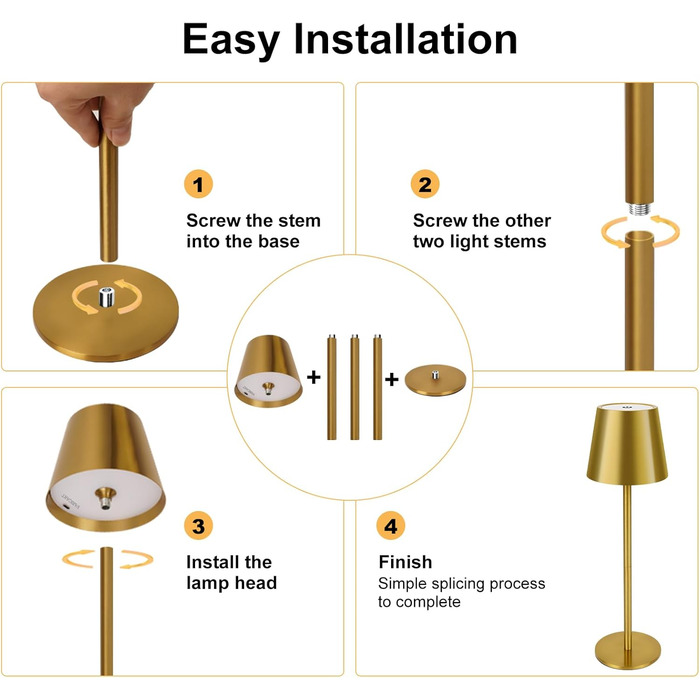 Світлодіодна настільна лампа бездротова з сенсорним керуванням, USB-C, димування, акумуляторна, 3 режими світла, регульована висота, IP54 водонепроникна, золота. Для ресторану, спальні, бару, вулиці