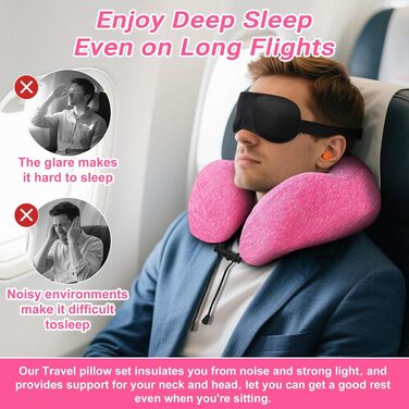 Подушка для подорожей Kobete з ефектом пам'яті (Memory Foam) для шиї, набір для сну в літаку, авто, поїзді: 3D-маска для сну, беруші та сумка (Рожевий)