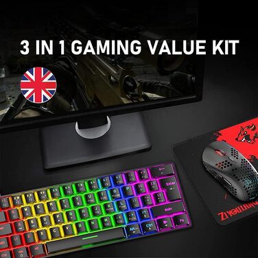 Ігрова клавіатура та миша UK-Layout з підсвічуванням RGB, 62 клавіші, механічна, 6400 DPI (чорний/червоний перемикач)
