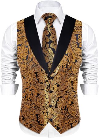 Костюм-жилет DiBanGu для чоловіків, шовковий жаккард, жилет та краватка, комплект з жабо, для смокінгу, весілля, свят, 7 предметів, золото та чорний