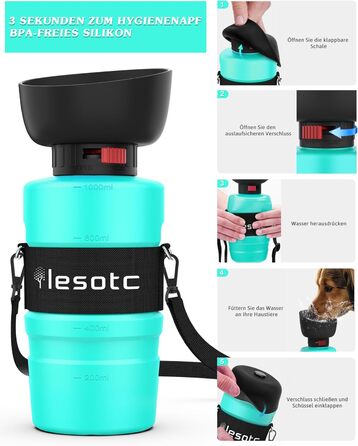 Складана пляшка для води для собак Lesotc 800 мл, блакитний колір, для прогулянок, подорожей та кемпінгу