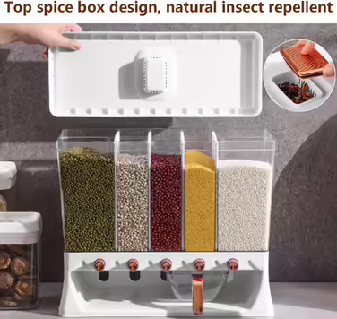 Wall-mounted whole grain dispenser with large capacity, travel bucket, food dispenser, rice storage container, multiple compartments, automatic dispensing for kitchen, rice grains, beans (luxury ivory)