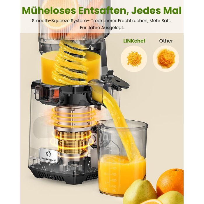 Шнекова соковижималка LINKChef Slow Juicer, 250Вт, для цілих овочів та фруктів, широкий отвір 130мм, чаша 1.8л, з функцією реверсу, без BPA