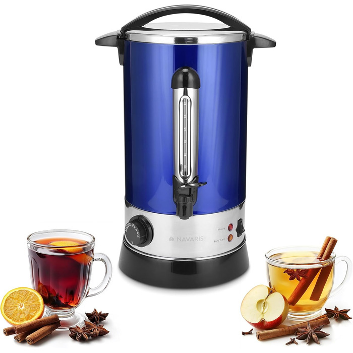 Navaris Mulled Wine Warmer/Hot Water Dispenser - Stainless Steel - with Thermostat, Level Indicator, Tap - Mulled Wine/Hot Beverage Dispenser (10 l, Blue)