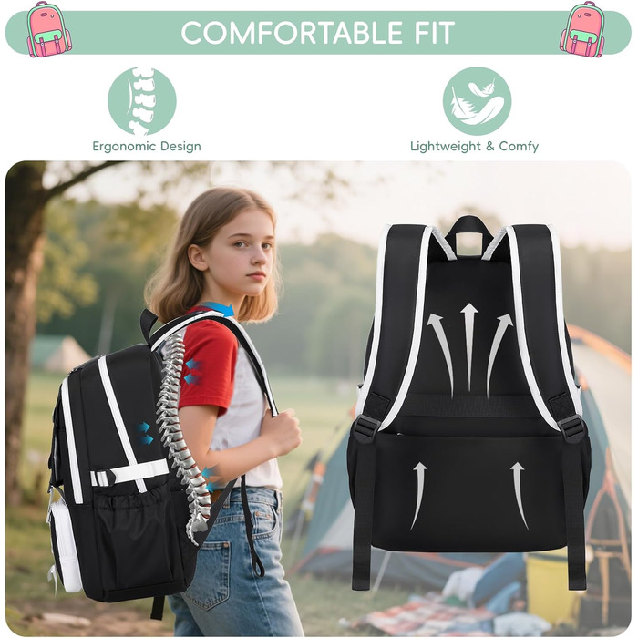 Шкільний рюкзак Tanou для дівчаток-підлітків, великий, стильний, водонепроникний, 9-18 років, з ременем для візка, чорний