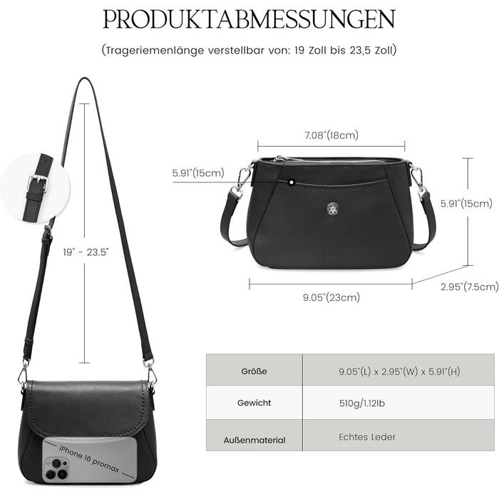 Сумка жіноча через плече Befen зі шкіри, середнього розміру, RFID-захист, чорна. Кросбоді, сумка на плече для жінок