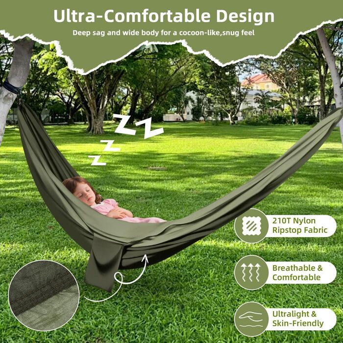 Гамак для відпочинку на природі та кемпінгу: міцний, ультралегкий, для одного або двох, 300 кг, 200 x 300 см, нейлон, зелений (хакі)
