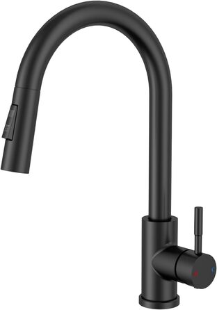 Чорний кухонний змішувач Rainsworth з висувною лійкою та душем, високий (56 см), з двома типами струменя, 360° оберт, з нержавіючої сталі, проста установка