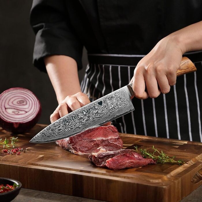 Wakoli EDIB Pro ніж кухарський з дамаської сталі (серцевина VG10) з 20 см лезом – гострий та збалансований – ніж з дамаської сталі з ручкою з паккавуду в подарунковій коробці – ніж кухарський з дамаської сталі для професійних та аматорських кухарів (з гра