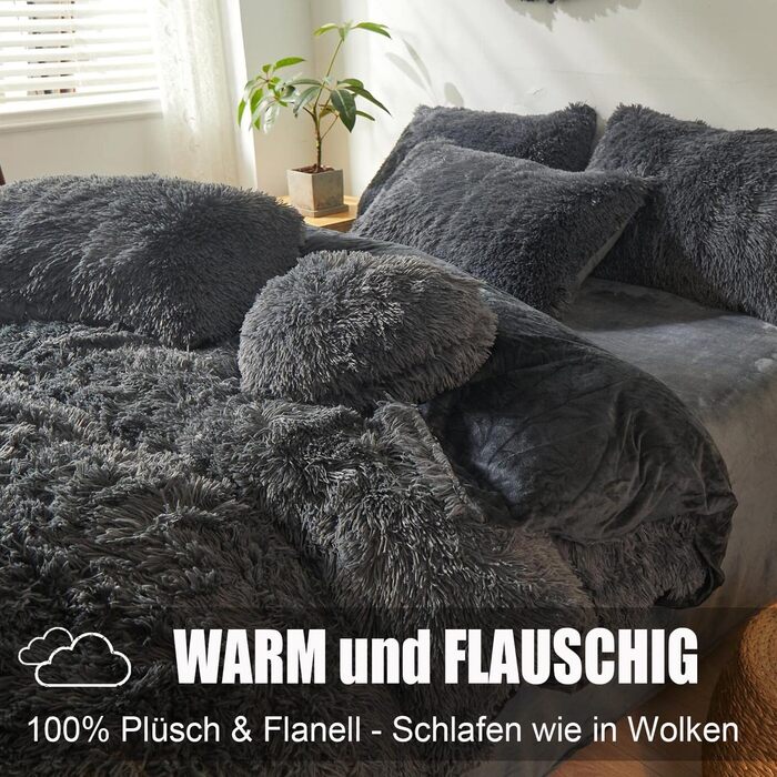 Soifox Plush Bedding Set 220x240 Beige - Winter Fluffy Warm Duvet Cover with Zipper and 2 Pillowcases 80x80 cm Cozy 220 x 240cm + 2x 80 x 80cm Beige