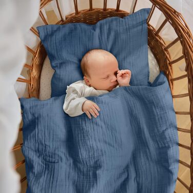 Бетлічна постільна білизна Laleni з бавовняного мусліну 80x80 + наволочка 35x40 см - комплект літньої постільної білизни з сертифікатом Oeko-TEX (Moonlight Blue, 80x80 см, 35x40 см)