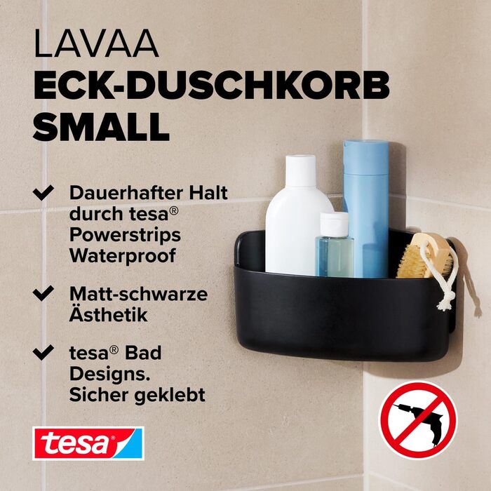 Полиця для душу tesa Lavaa S, кутова, чорна матова, настінна, без свердління, з водостійкими кріпленнями Powerstrips XL, 175x120x175 мм