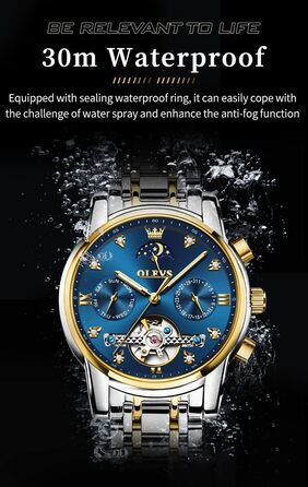 Чоловічий наручний годинник OLEVS 6678: водонепроникний хронограф із кварцовим механізмом, сталевий корпус, підсвічування циферблата, синій/золотий/сріблястий