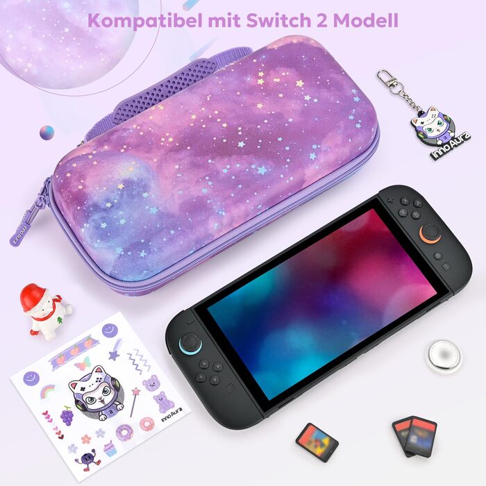 Чохол для Nintendo Switch 2 innoAura Switch 2 Tasche, фіолетовий (Galaxy Lila Violett), водовідштовхувальний, з амортизацією, відділенням для AirTag та великою сітчастою кишенею