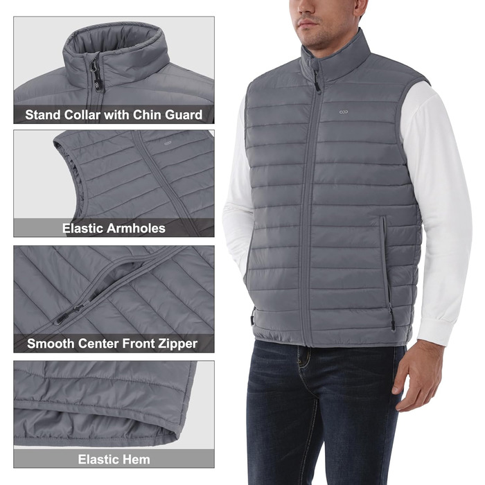 Стьобана жилетка для чоловіків 33000ft Outdoor з утеплювачем, гібридна спортивна жилетка з 5 кишенями, для походів та їзди на коні (Сірий, 4XL)