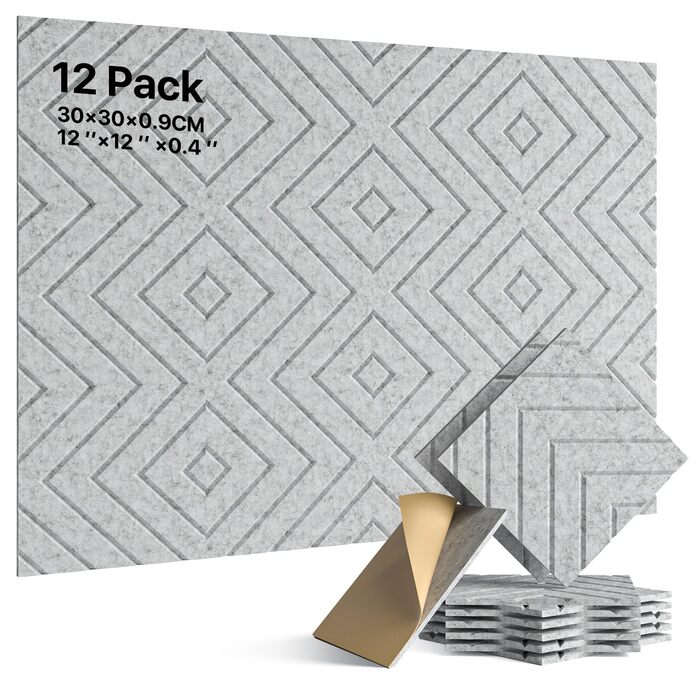 Акустичні панелі Soundsbay самоклеючі, звукопоглинаючі плити з поліестеру для стін 30x30x0,9 см, сріблясто-сірі (12 шт.)