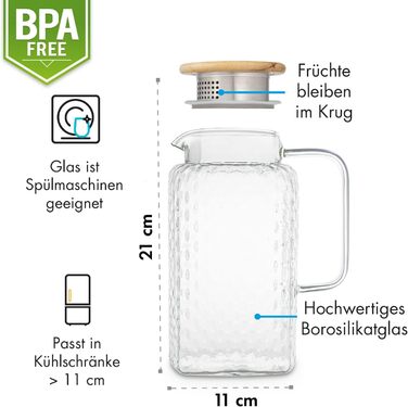 GLASWERK Glass Carafe with Lid (1.5L) and Strainer in the Spout - Water Jug with Lid - Glass Carafe with Lid made of robust borosilicate glass, Water Carafe, Gluggle Jug, Glass Carafe