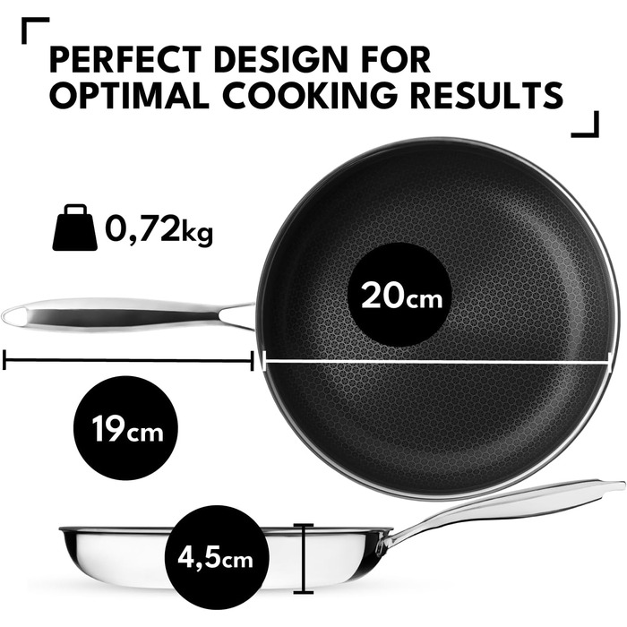 Сковорода Onyx Cookware 20 см з антипригарним покриттям | Для всіх типів плит, включаючи індукційні | Стійка до подряпин, без PFAS | Нержавіюча сталь/алюміній (3 шари) | Можна використовувати в духовці до 260°C