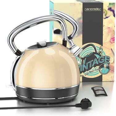 Arendo Retro Stainless Steel Kettle - Vintage Style Electric Kettle with Replaceable Scale Filter, 1.7L Capacity, Auto Shut-Off, Cool Grey