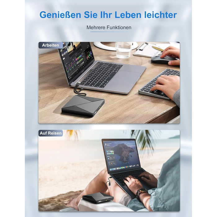 Зовнішній CD/DVD привід USB 3.0 та USB-C, оптичний накопичувач CD/DVD +/-RW ROM для ноутбука, ПК, MacBook, iMac (Windows, MacOS, Linux)
