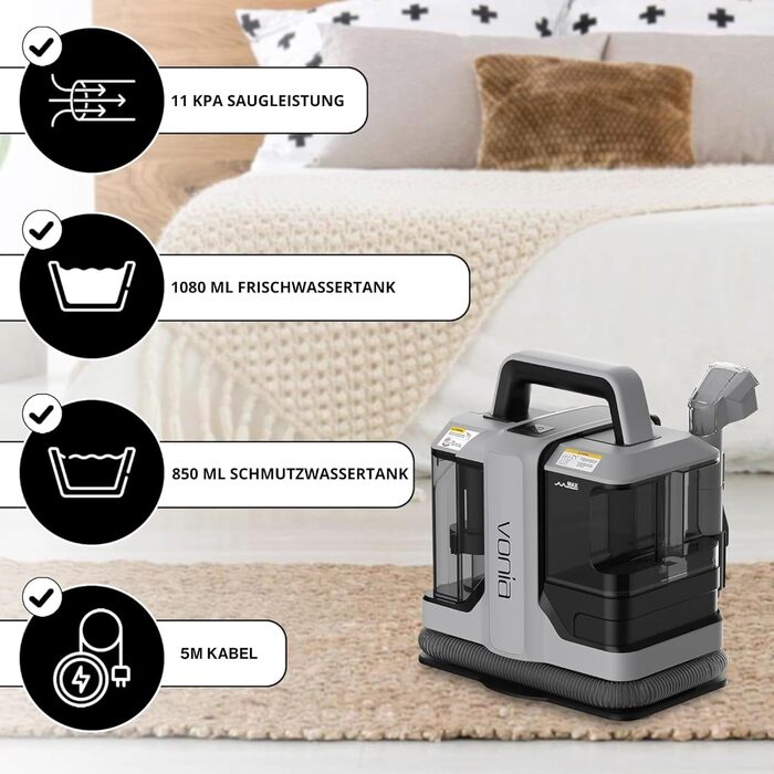 Вакуумний пилосос для чищення килимів та м'яких меблів Vonia – 450W, 11 kPa, 2 насадки, 1.2 м шланг, сірий. Ідеально для авто, диванів, килимів та м'яких меблів
