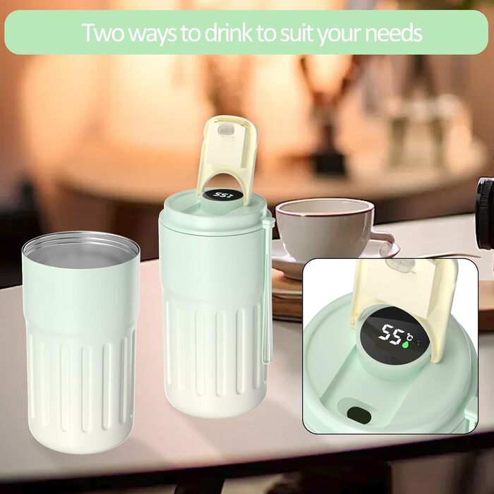 Термокружка для кави HomeAlexa з цифровим дисплеєм, 410 мл, нержавіюча сталь 316, ізольована вакуумна термокружка з кришкою, зелена