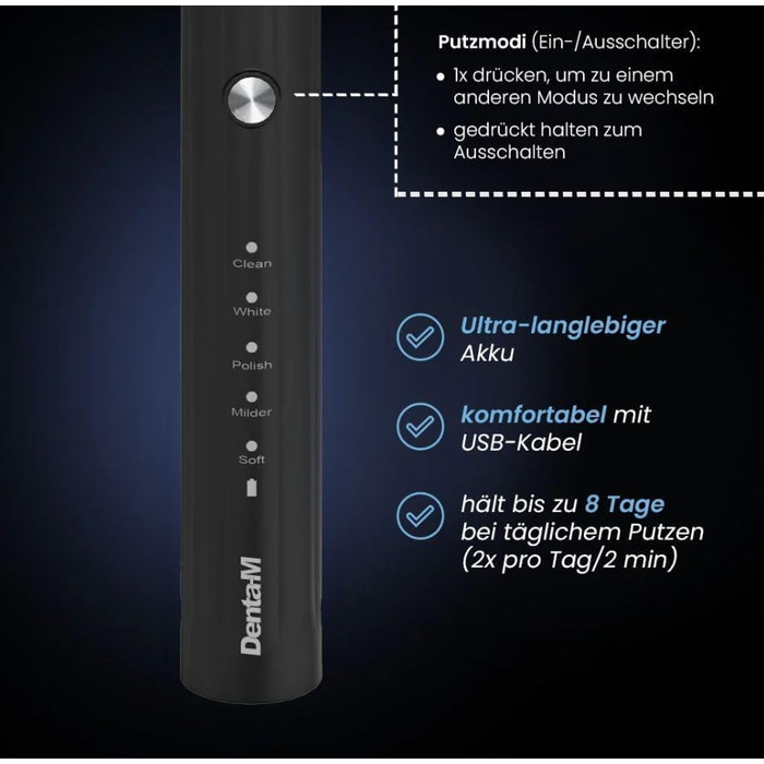 Електрична звукова зубна щітка Black Edition з 5 режимами та акумулятором на 120 днів - ультразвукова щітка зі смарт-насадкою, 100 днів гарантії повернення коштів